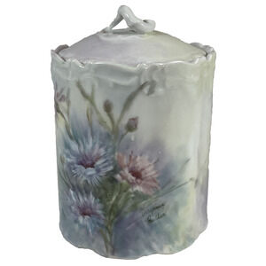 Vtg Hand Painted Floral Lidded Biscuit Spice Jar Ceramic Canister Artist Signed